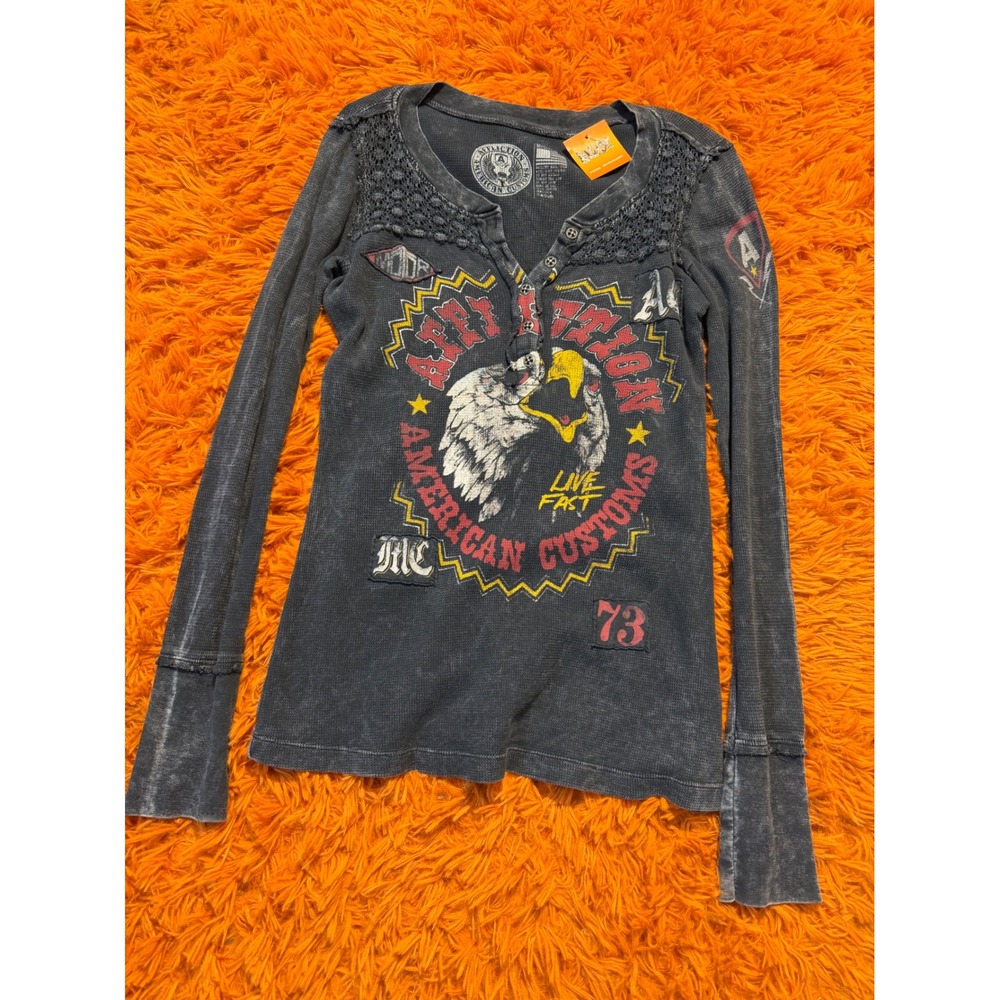 Affliction American Customs Eagle Thermal Henley Crochet LaceTop Charcoal Gray M